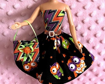 11.5 Fashion Doll Clothes - Owl Party Dress, Purse and Belt.  Handmade.
