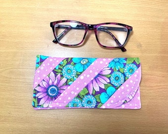 Eyeglass Case - Quilted, Floral Fabric – Turquoise Zinnias, Pink daisies, lined with polka dot fabric.