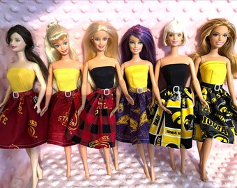 11.5" Doll College Party Dress - IOWA - Choose: Cyclones, Panthers or Hawkeyes Dress, Purse and Belt. Handmade.