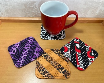 Coasters (Set of 4) - Quilted Leopard / Giraffe / Zebra Fabric Coasters.  Double sided Animal print, quilted fabric coasters.