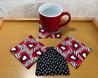 Coasters (Set of 4) - Zebra & Hearts Fabric Coasters.  Zebra print with Red and Black hearts fabric prints, Double Sided fabric coasters.