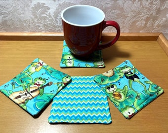 Coasters (Set of 4) - Frogs & Music Fabric Coasters.  Zigzag print fabric on back, Double Sided fabric coasters.