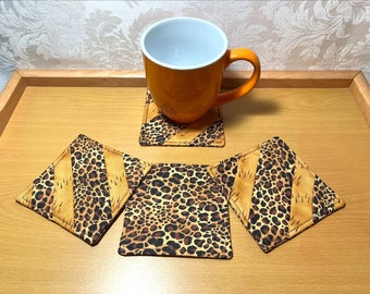 Coasters (Set of 4) - Quilted Brown/Black Leopard print Coasters.  Double sided, quilted leopard print fabric coasters.