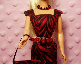 Fashion Doll Clothes - Red Zebra Sheath Dress, Purse, Necklace, Belt and Shoes.