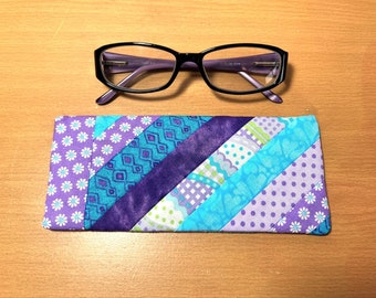 Eyeglass Case - Quilted, Purple & Turquoise Fabric – White Daisies, Polka dots and Gingham, lined with Purple Daisy fabric.