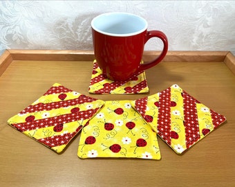 Coasters (Set of 2 or 4) - Quilted Lady Bugs, Daisies & Hearts Fabric Coasters.  Double Sided, reversable fabric coasters.