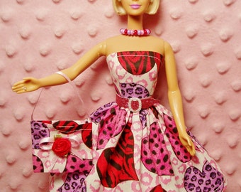 11.5" Fashion Doll Party Dress - Pink, Purple & Red Animal print Hearts Dress, Purse and Belt.  Bonus: Necklace and High Heel Shoes.