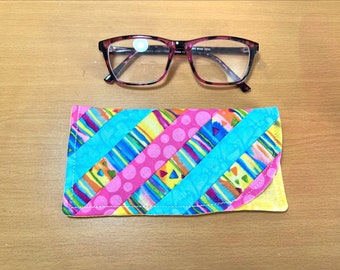 Eyeglass Case - Quilted, Pink, Turquoise, Geometric Fabric print – Bright colors, lined with yellow fabric.  Fold-Over style.