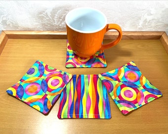 Coasters (Set of 2 or 4) - Green/Pink/Orange/Purple Geometric Fabric Coasters.  Bright colors, Double Sided, Quilted fabric coasters.