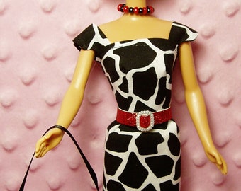 11.5" Fashion Doll Dress - Black & White Giraffe Sheath Dress, Purse and Belt.  Bonus: Necklace and High Heel Shoes.