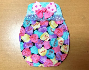 Coasters (each) - Quilted Valentine Candy Hearts in a Jar Coaster – Double sided, Lace trimmed jar top & Polka dot bow.