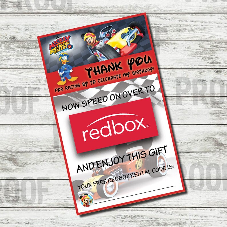 PRINTABLE Mickey and the Roadster Racers Party Favor Redbox Gift Code ...