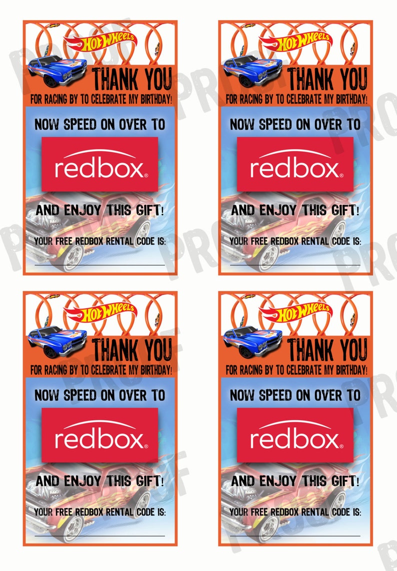 PRINTABLE - Hot Wheels Party Favor Redbox Gift Code Certificates - Etsy