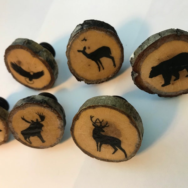 Wood Slice Rustic Drawer Pulls Deer Moose Bear Turkey Eagle 1 Inch to 2 Inches