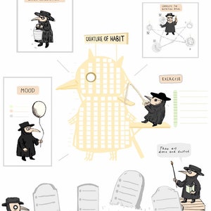 Op de afbeelding: Een ge&iuml;llustreerde infographic getiteld "PLAGUE HABITS" toont een cartoon pestdokter. De afbeelding bevat secties over waterconsumptie, stemming, lichaamsbeweging en voeding. Tekst bevat "CREATURE OF HABIT" en "HERE LIE TODAY'S COMPLETED TASKS."