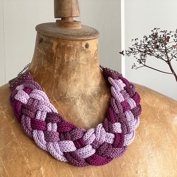 Knitted braided purple necklace | statement bib necklace | fiber jewelry | hand knit necklace | purple lilac
