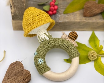 Mushroom rattle with snail and flowers | handmade mushroom | crochet baby toy | baby shower gift | made to order