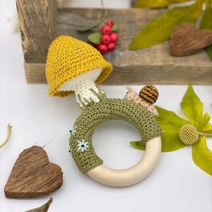 Mushroom rattle with snail and flowers | handmade mushroom | crochet baby toy | baby shower gift | made to order