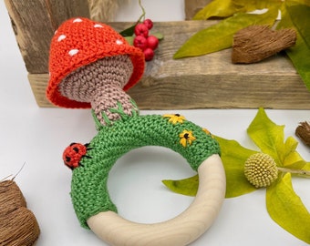 Mushroom rattle with ladybug and flower | handmade mushroom | crochet baby toy | baby shower gift | toddler toy