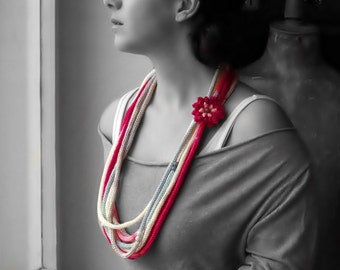 Long knitted necklace | scarf necklace | statement necklace | fiber jewelry | hand knit necklace | pink gray white | crochet flower