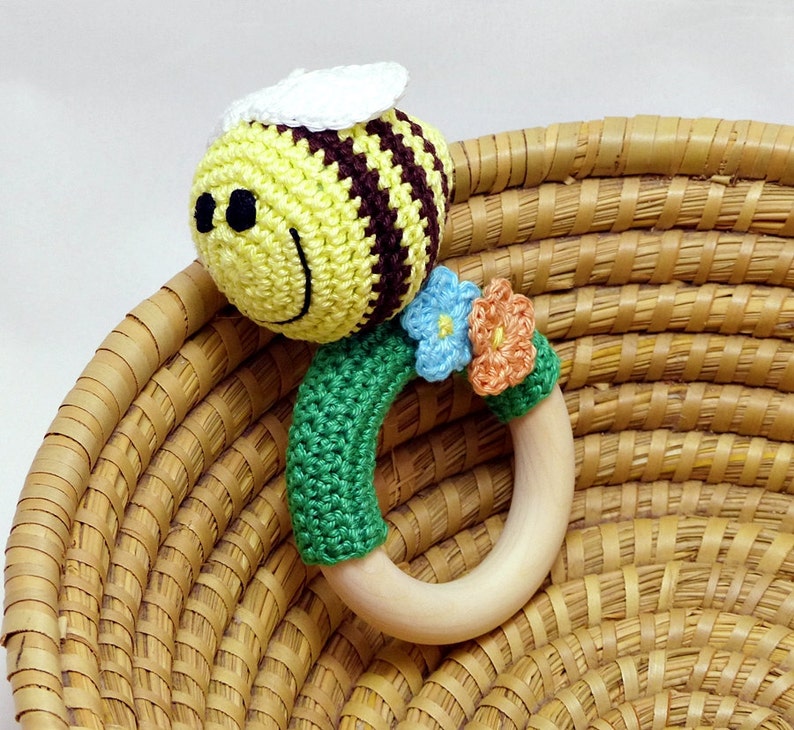 Crochet Bee Teething Rattle Colorful Baby Toy Baby Shower Etsy