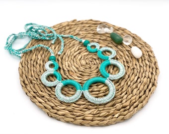 Geometric bib necklace | crochet circle necklace | statement jewelry | green silver