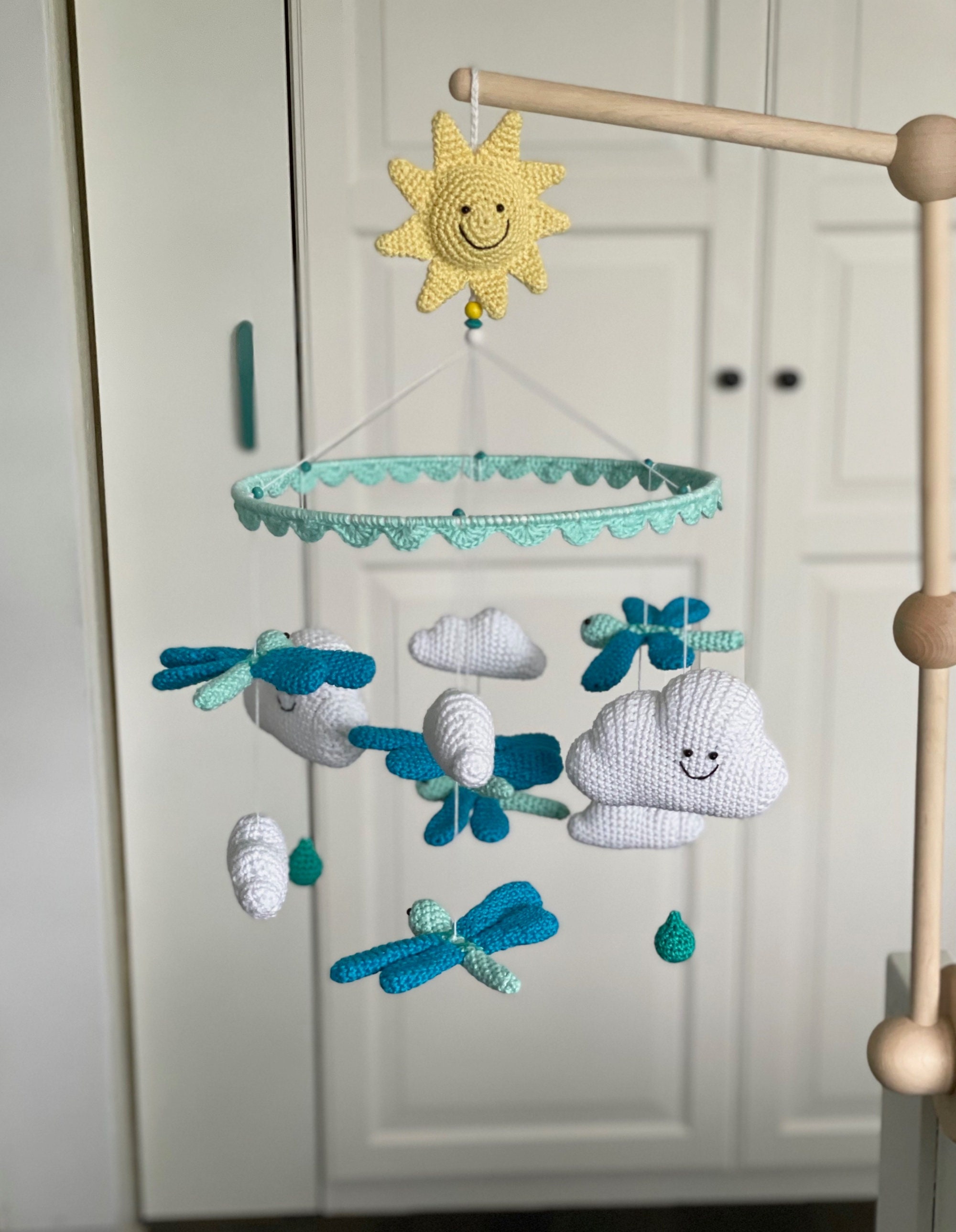 Crochet Baby Mobile With Dragonflies, Clouds and Sun | Crib Mobile in