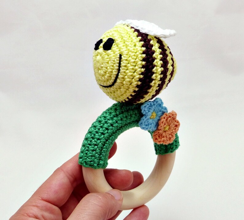 Crochet Bee Teething Rattle Colorful Baby Toy Baby Shower Etsy