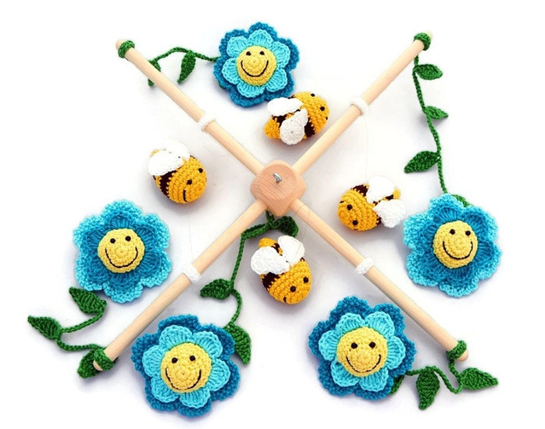 Crochet Crib Mobile in Blue Baby Mobile With Flowers and Etsy