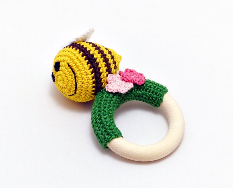 Crochet Bee Teething Rattle Pink Flowers Colorful Baby Toy Etsy