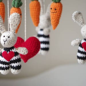 Baby mobile with bunnies and carrots | crochet crib mobile | nursery decor | kids room | rabbit carrot heart