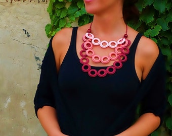 Crochet bib necklace | statement jewelry | multi strand fiber necklace | shades of pink