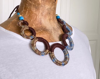 Geometric bib necklace | crochet circle necklace | statement jewelry | brown blue gold