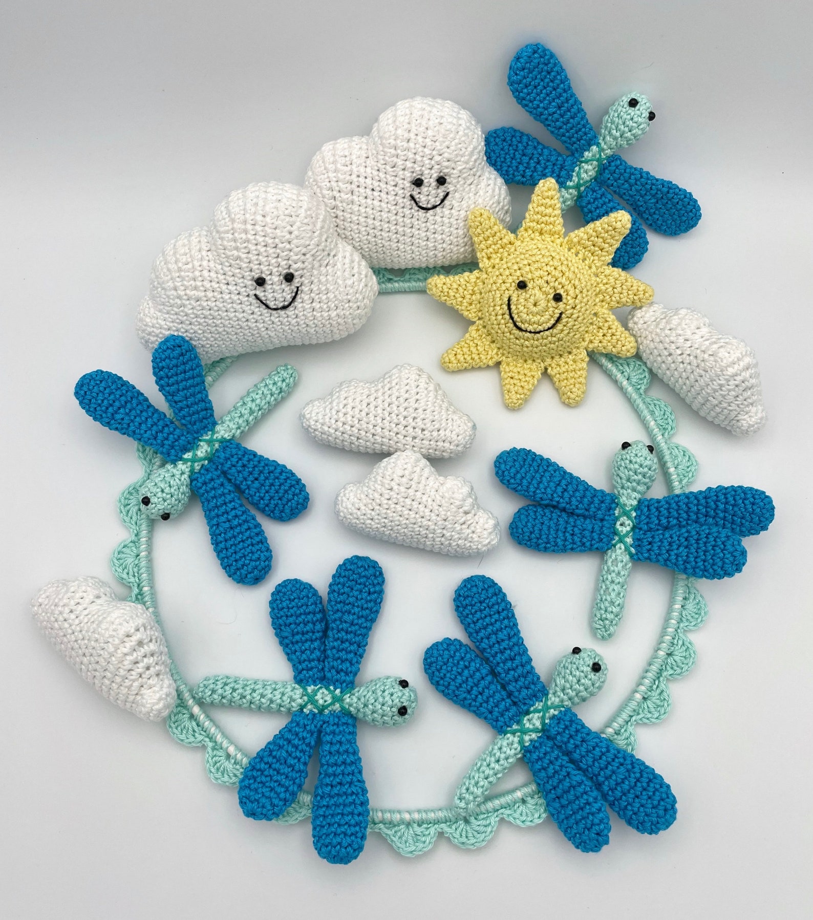 Crochet Baby Mobile With Dragonflies, Clouds and Sun | Crib Mobile in