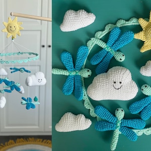 Crochet baby mobile with dragonflies, clouds and sun | crib mobile in water colors | nursery decor | kids room | blue white turquoise