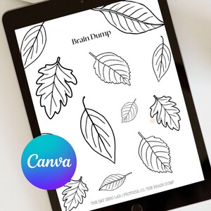 May include: A digital illustration of various leaf outlines on a tablet screen. The text "Brain Dump" is visible at the top, with additional text at the bottom. A Canva logo is in the lower left corner. A cup of coffee is in the upper right corner.