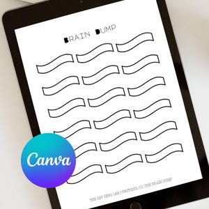 Könnte beinhalten: Ein digitales Tablet zeigt eine schwarz-weiße "Brain Dump"-Vorlage mit wellenförmigen Linien. Das Canva-Logo ist unten links zu sehen. Oben rechts befindet sich eine Tasse Kaffee. Der Text "The Day Zero Lab | Protocol 01: The Brain Dump" steht unten.