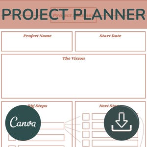 May include: A project planner template with the words "Project Planner" at the top. The template includes sections for project name, start date, vision, big steps, and next steps. A Canva logo and a download icon are also present.
