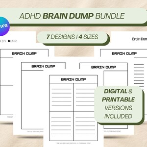 Könnte beinhalten: Eine Sammlung weißer, bedruckbarer Seiten mit dem Text "Brain Dump" und verschiedenen Layouts. Das Bild enthält den Text "ADHD Brain Dump Bundle", "7 Designs | 4 Sizes" und "Digital & Printable Versions Included."
