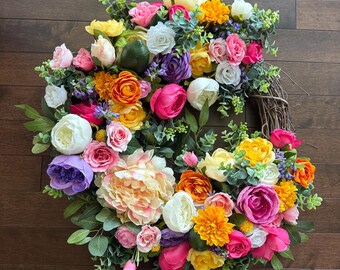 Couronne de printemps, couronne toute l'année, couronne d'été, couronne rose, couronnes pour porte d'entrée, couronne de fleurs