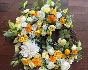 Couronne jaune, couronne citron, couronnes pour la porte d'entrée, couronne de printemps, couronnes pour le printemps, couronnes de printemps pour la porte d'entrée, couronne d'été