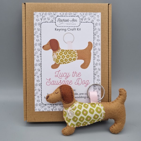 Lucy the sausage dog keyring DIY felt sewing craft kit. Easy embroidery for beginners