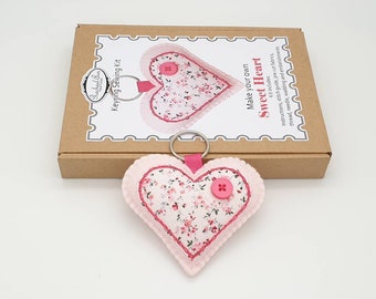 Felt heart sewing craft kit. Make your own pink heart keyring