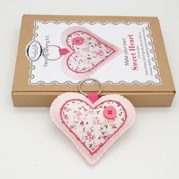 Felt heart sewing craft kit. Make your own pink heart keyring