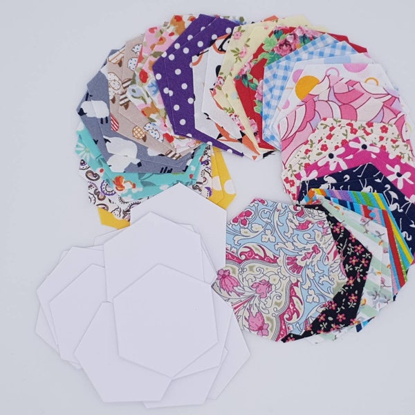 Pre-cut fabric Hexagons and 1 inch paper templates for English paper piecing