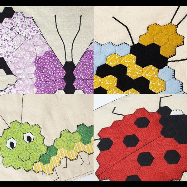 EPP hexie PDF ladybird, caterpillar, butterfly and bee english paper piecing instruction bundle including a freeb dragonfly design