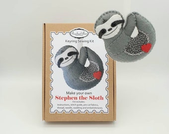 Stephen the Sloth keyring DIY felt sewing craft kit. Easy embroidery for beginners