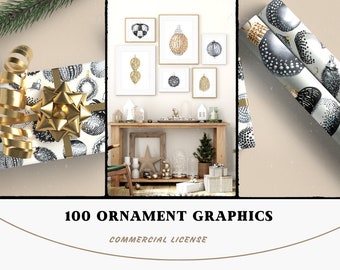 100 High-Quality Christmas Ornament Clip Art Watercolor Digital Download Graphics Set Commercial Use High Resolution PNG Files