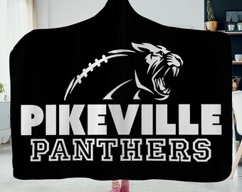 Custom School Name Panthers Football Mascot Logo Black and White Warm Hooded Blanket for Adults or Kids