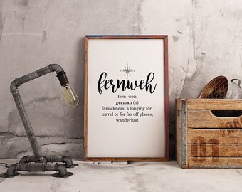 Travel Inspired Fernweh Definition Wanderlust Typography DIY Print Your Own Poster Digital Download Printable Travelers Home Decor